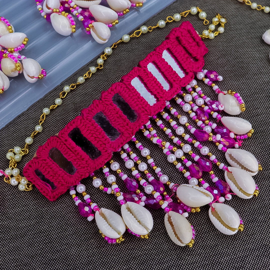 Handmade Cloth Shell Choker With Earrings + Maang Teeka + Hath Panja