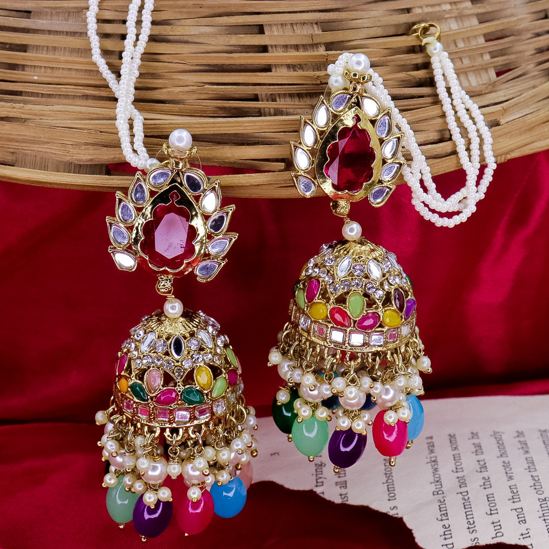Mishri Mirror Jhumka With Kaanchain- Multi