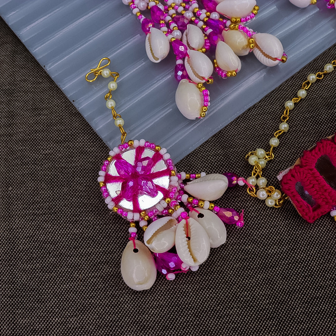 Handmade Cloth Shell Choker With Earrings + Maang Teeka + Hath Panja