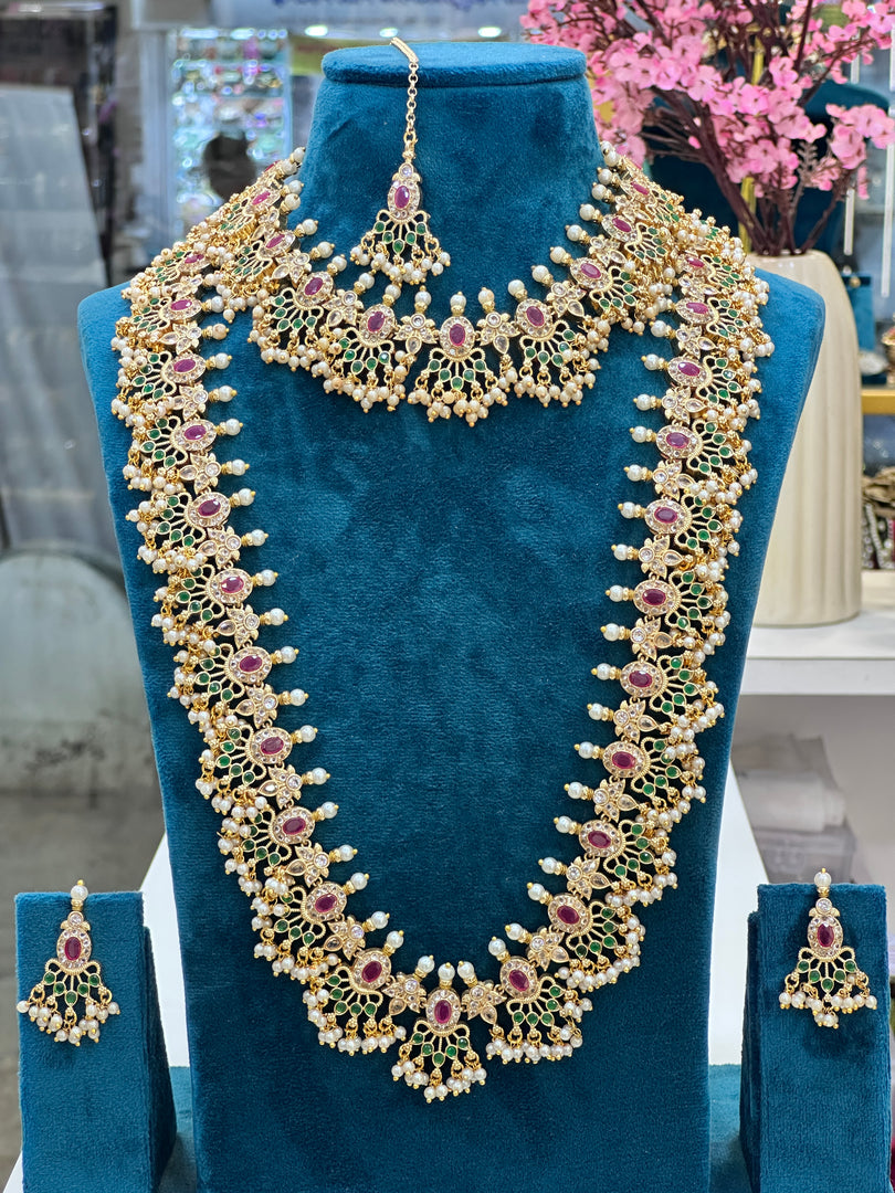Gujarati Style Premium Kundan Necklace (2 Necklace + Earrings & Teeka)