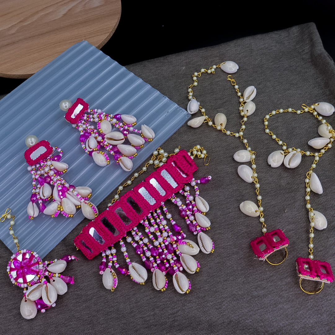 Handmade Cloth Shell Choker With Earrings + Maang Teeka + Hath Panja