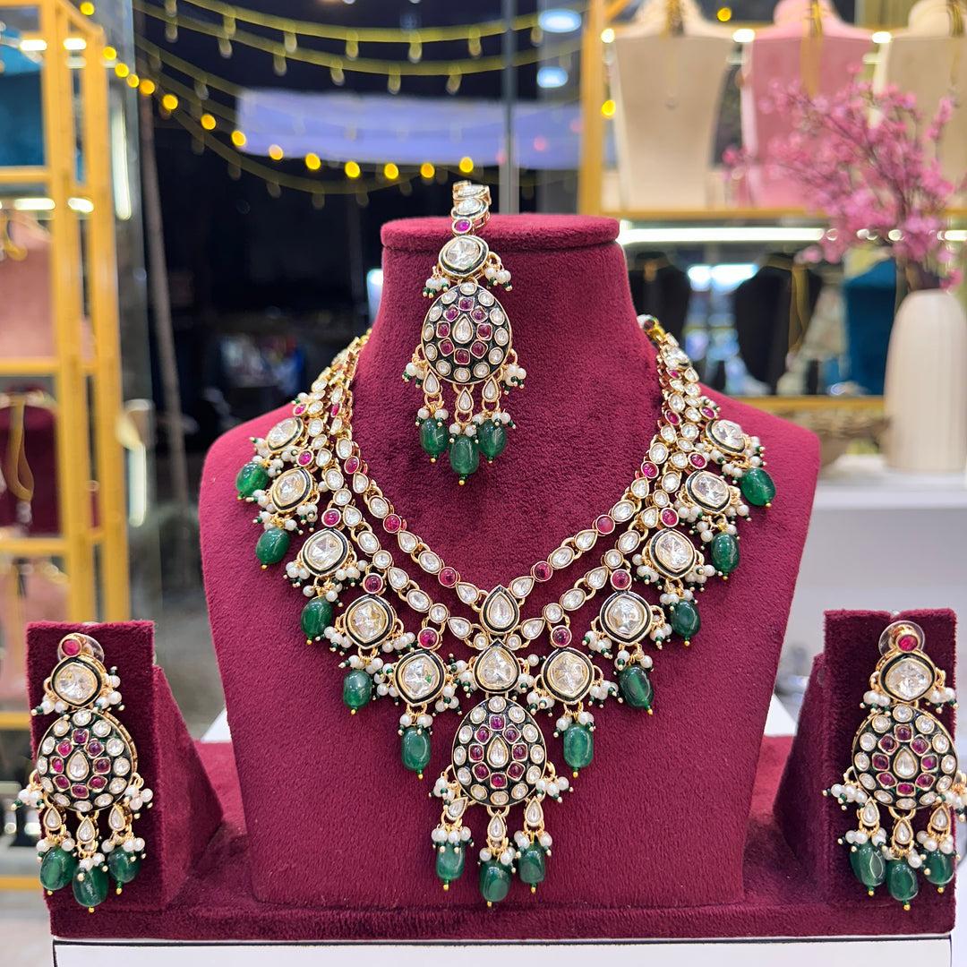 Sushila Layer premium Kundal Polki Necklace - Rani Green