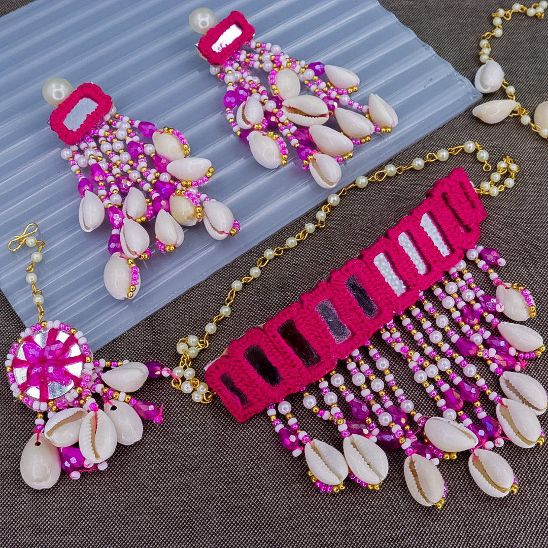 Handmade Cloth Shell Choker With Earrings + Maang Teeka + Hath Panja