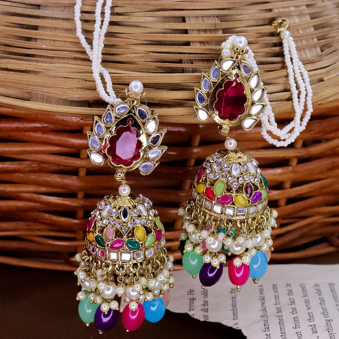 Mishri Mirror Jhumka With Kaanchain- Multi