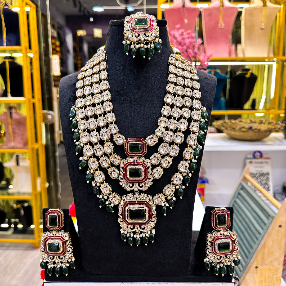 4 Layer Kundan Polki Semi Bridal Long Necklace