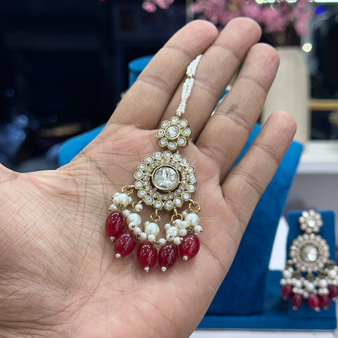Rena Polki Choker With Earrings And Mangtika - Ruby