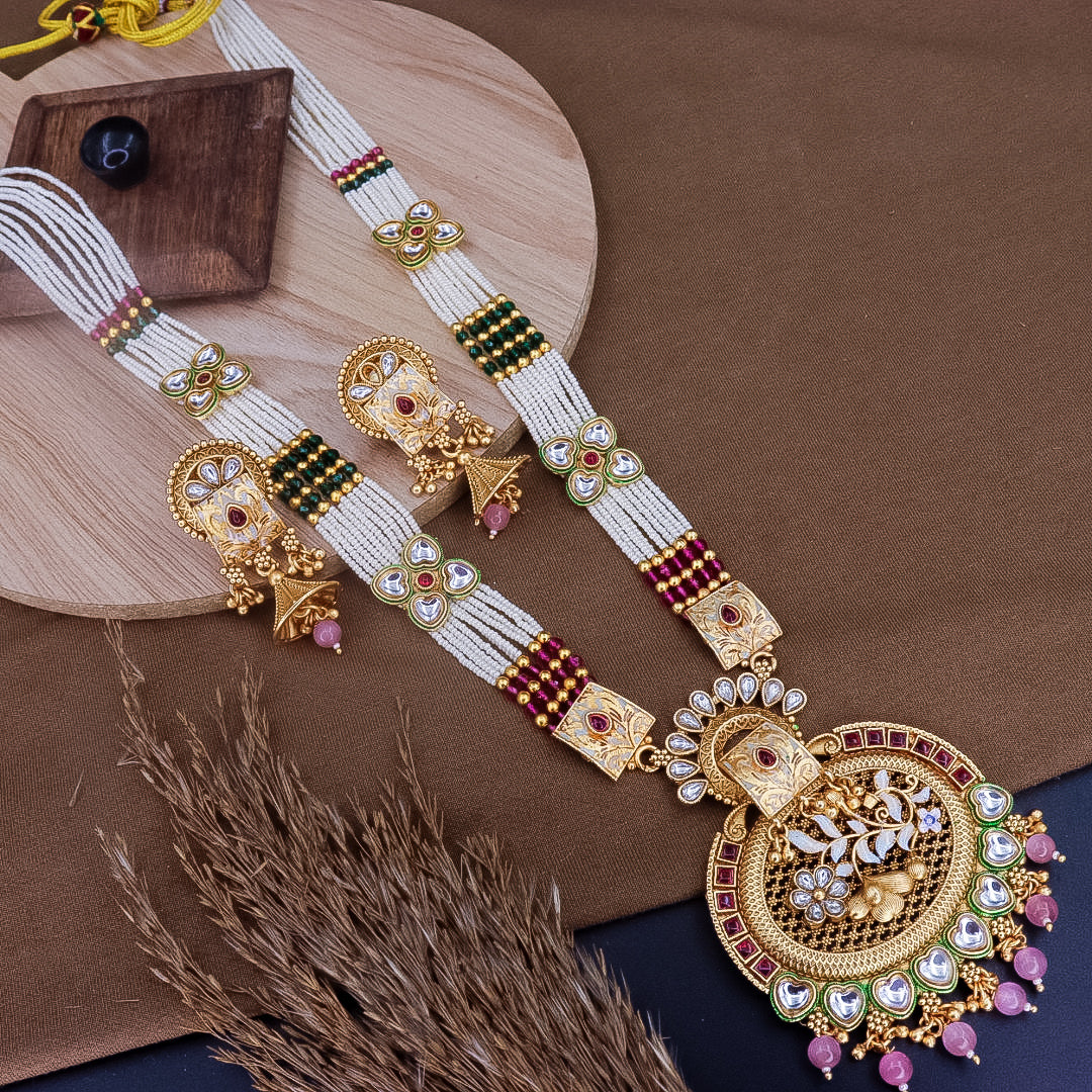 Aishani Premium Rajwadi Copper Long Necklace Set With Earrings