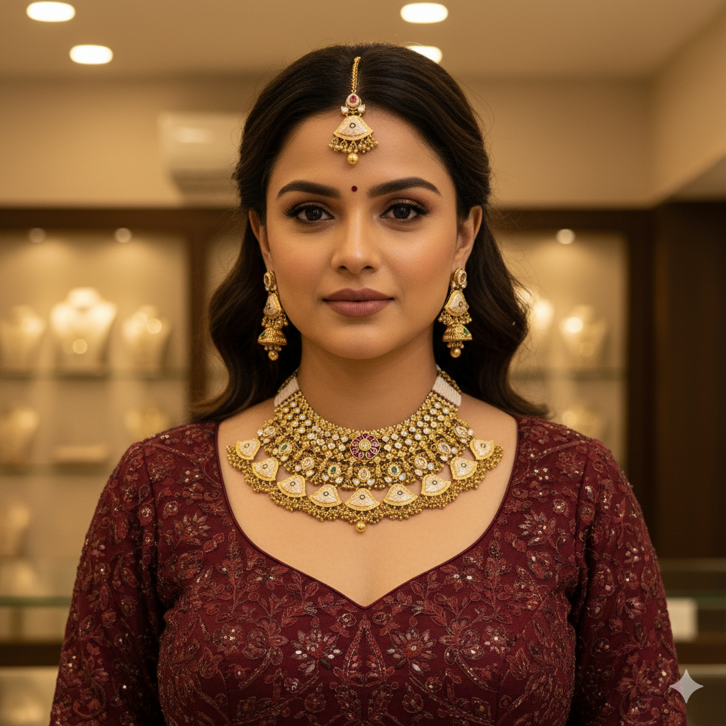 Rihanna Semi Bridal High Gold Polish Rajwadi Necklace