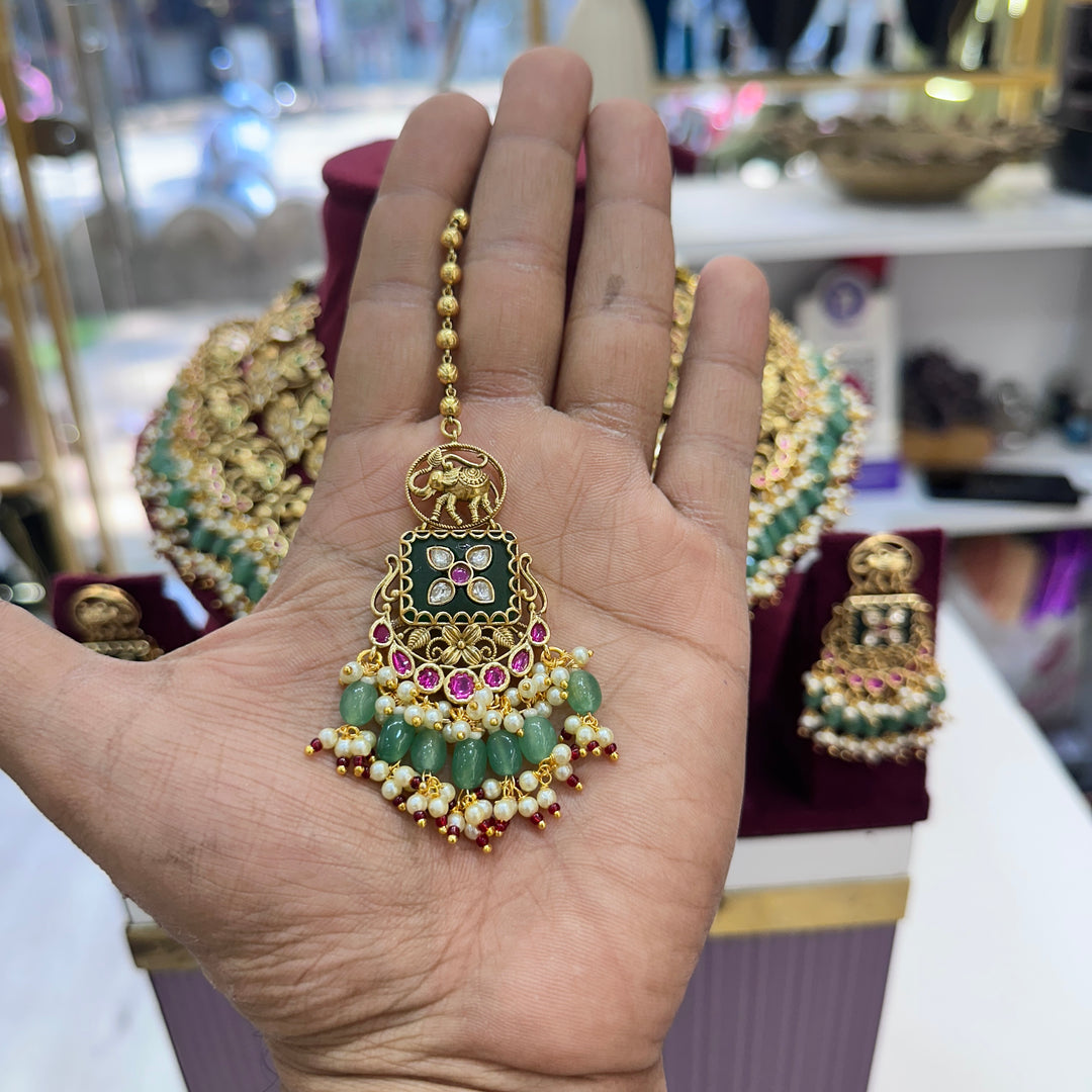 Cihana Semi bridal Rajwadi Necklace-Green