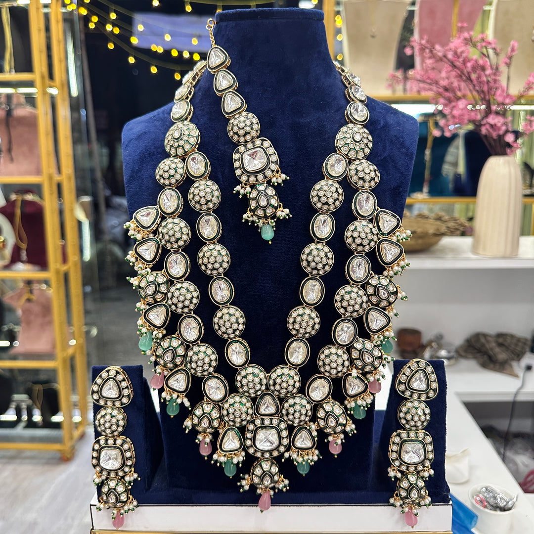 Bindya Kundan Polki Semi Bridal Necklace - Pink Mint