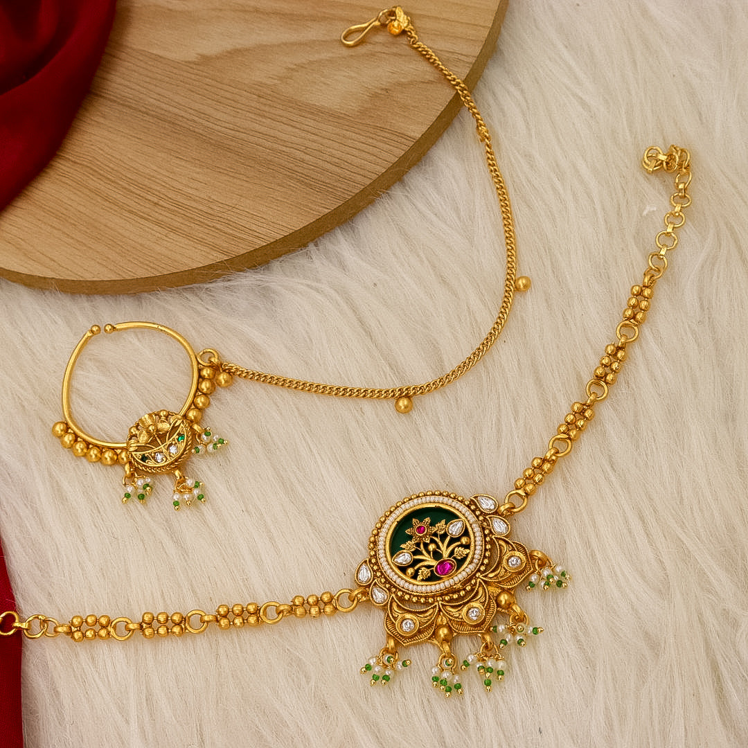 Full Premium Bridal Heritage Necklace With Long and Short + Earrings +Sheeshpati+ Hathpanja + Nath+ Bajuband