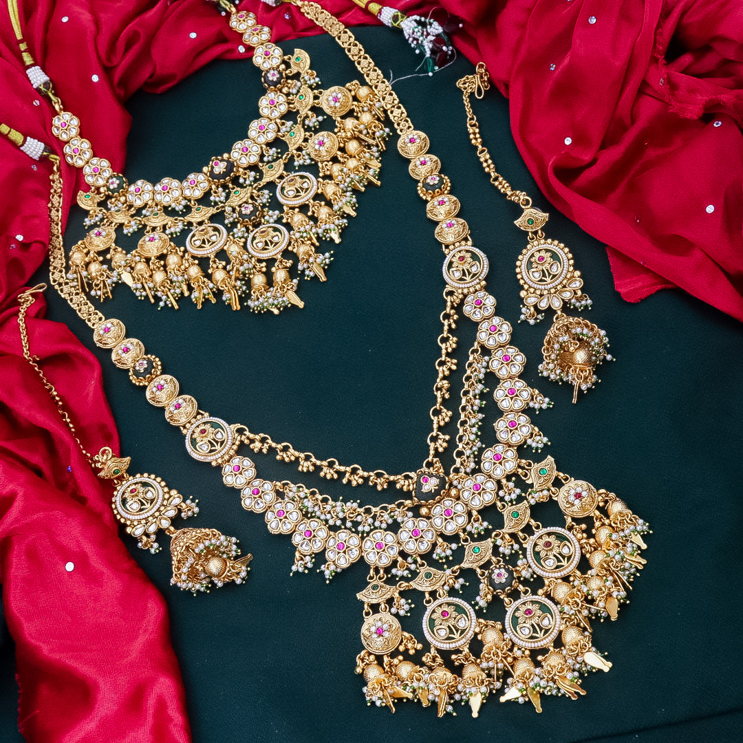 Full Premium Bridal Heritage Necklace With Long and Short + Earrings +Sheeshpati+ Hathpanja + Nath+ Bajuband