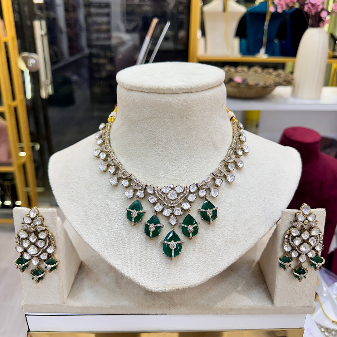 Madhura Moissianite Necklace with Duplet Stones - Green