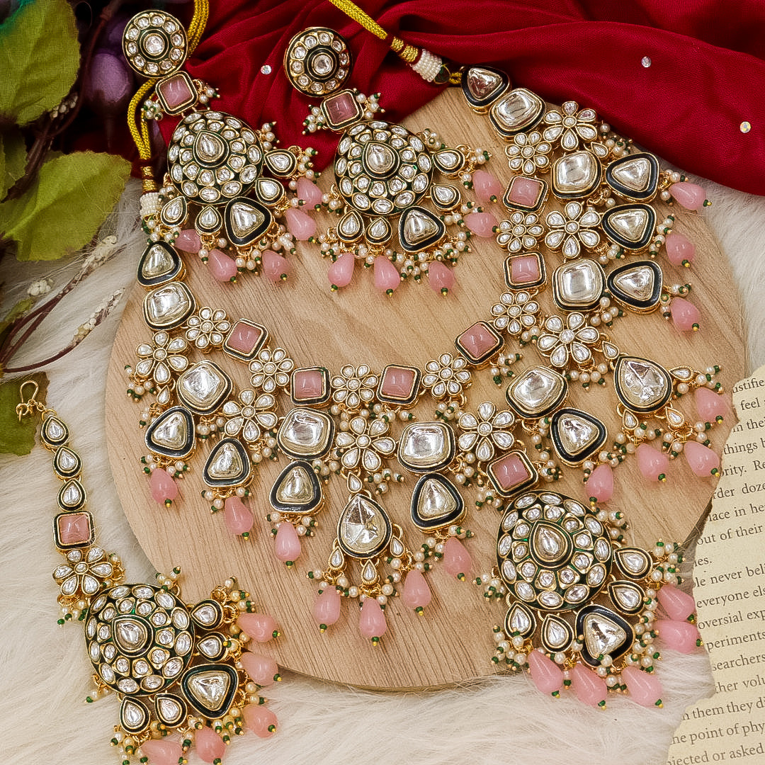 Rakhee Semi Bridal Kundan Polki Necklace-Pink