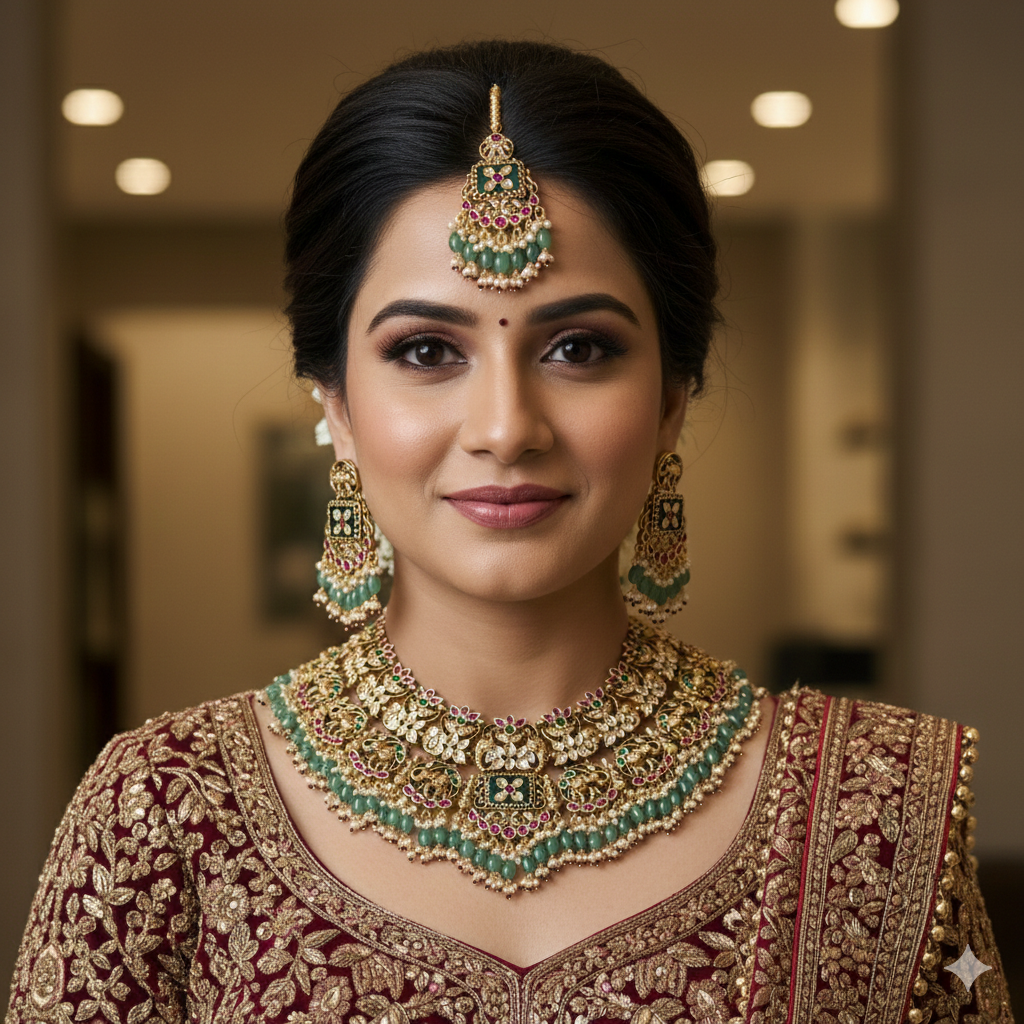 Cihana Semi bridal Rajwadi Necklace-Green