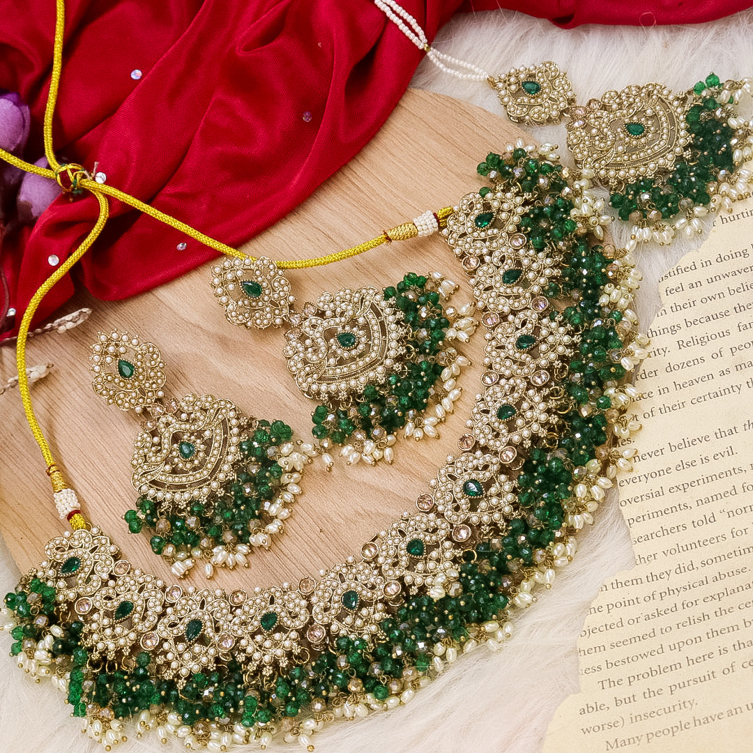 Chital Reverse AD Statement Choker With Mangtika-Green