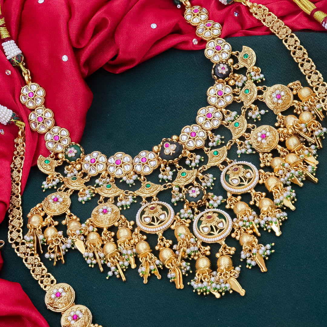 Full Premium Bridal Heritage Necklace With Long and Short + Earrings +Sheeshpati+ Hathpanja + Nath+ Bajuband