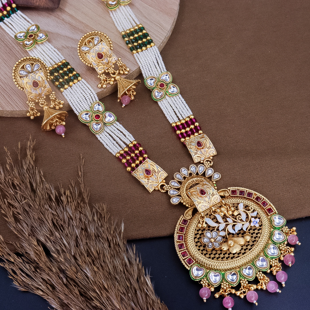 Aishani Premium Rajwadi Copper Long Necklace Set With Earrings