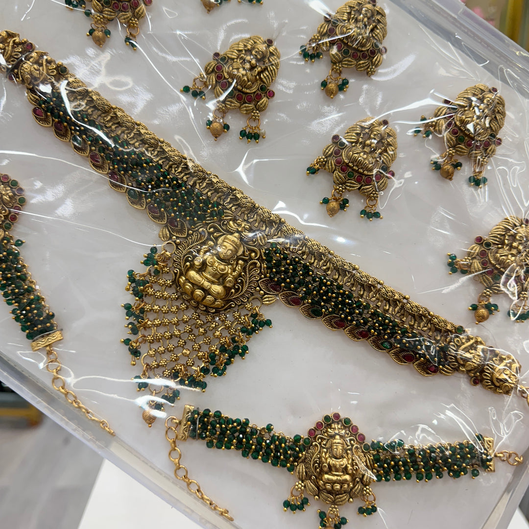 Full Bridal South Indian Set (2Necklace, Earrings, Maangteeka, Kamarpatta, 2 Bajubandh, Hair Choti)