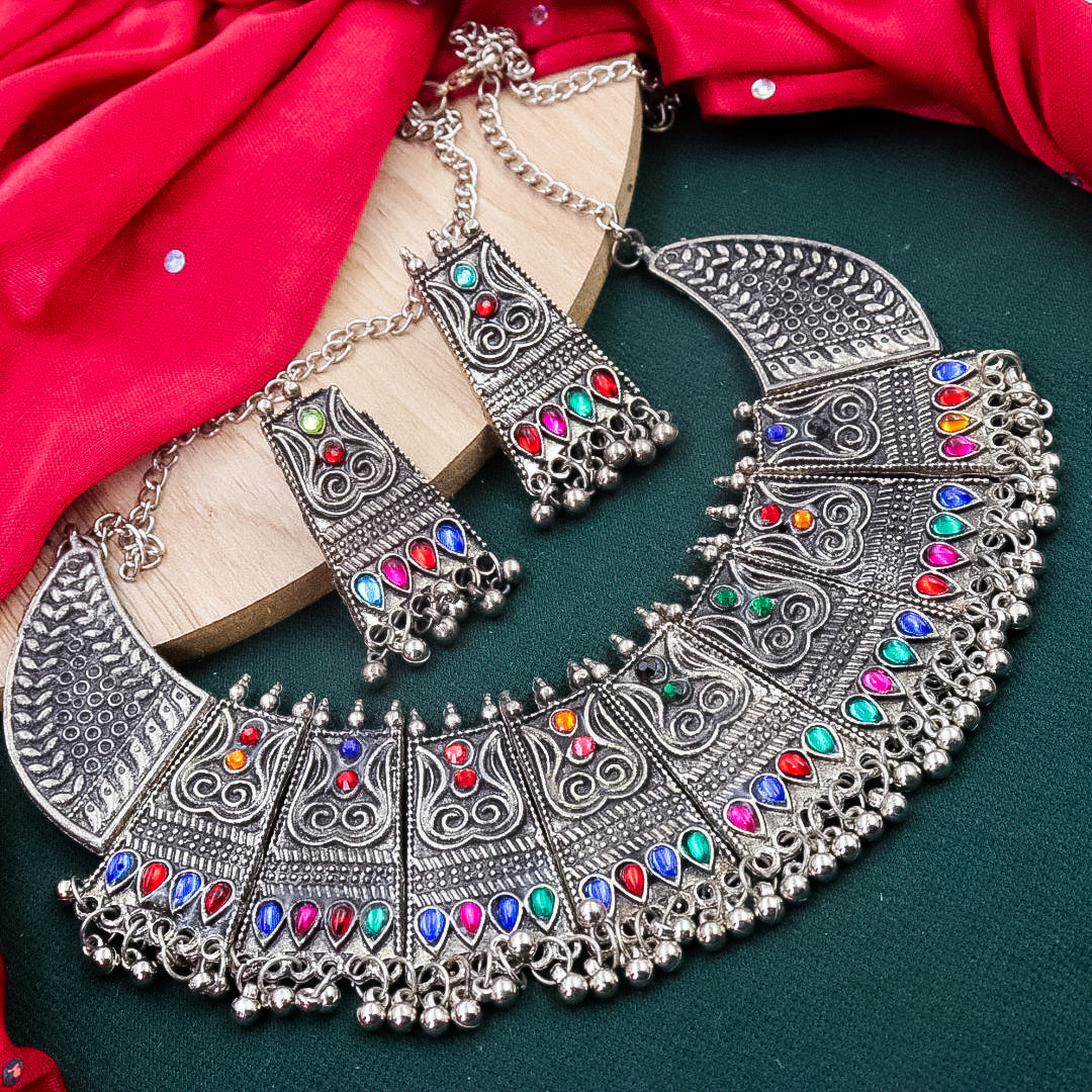 Multi Oxidize Ghungroo Choker With Earrings
