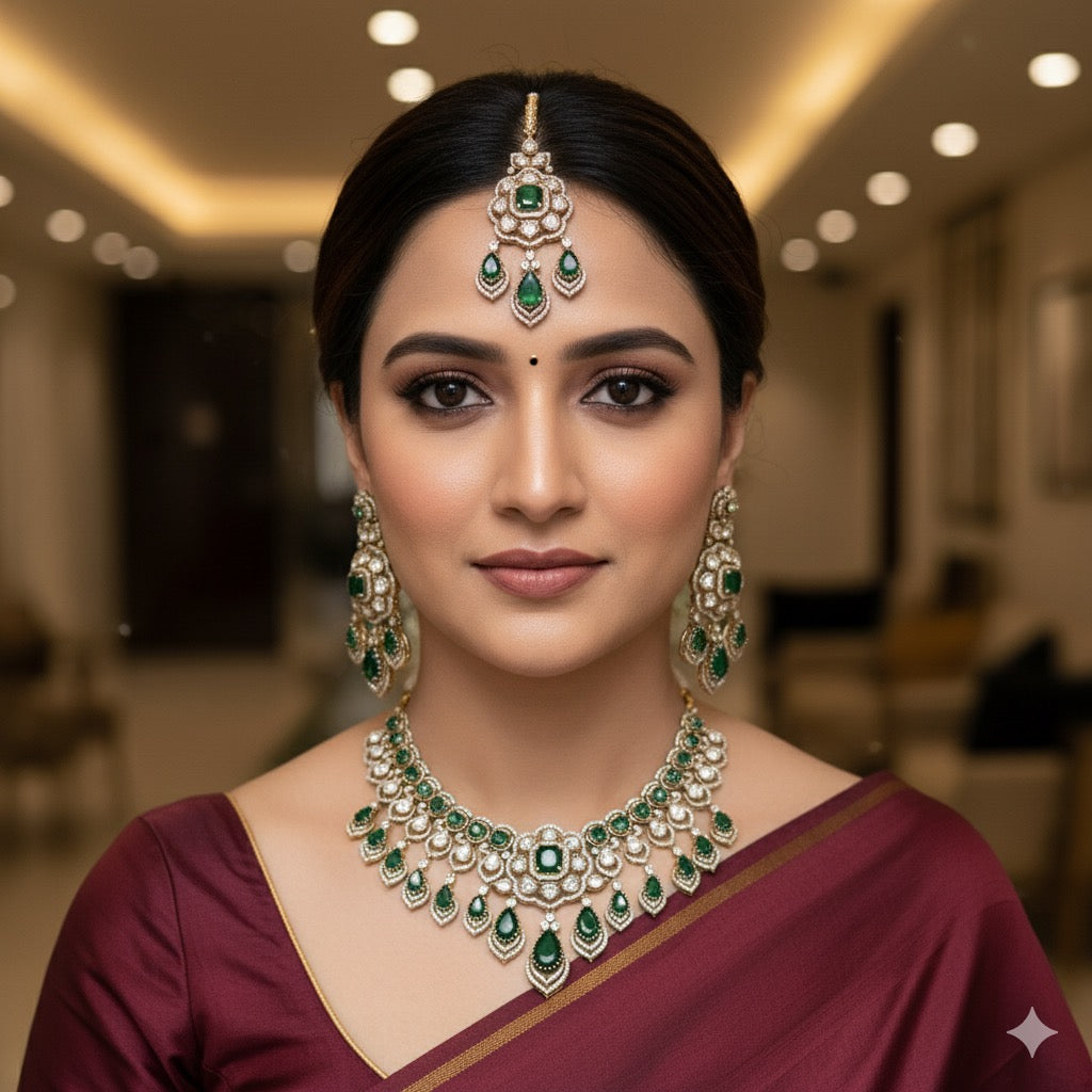 Shipra Moissianite Necklace With Earrings and Mangtika