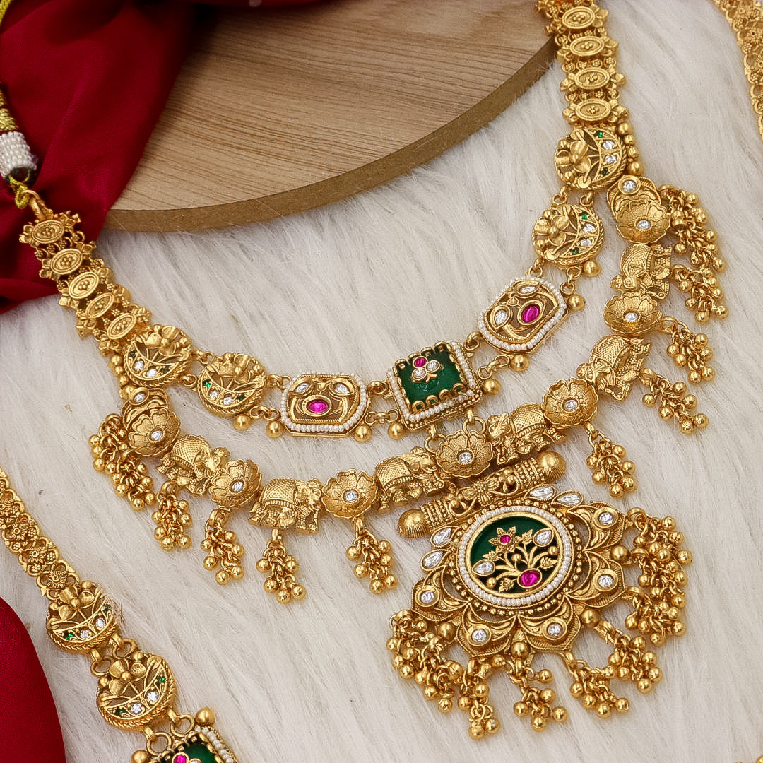 Full Premium Bridal Heritage Necklace With Long and Short + Earrings +Sheeshpati+ Hathpanja + Nath+ Bajuband