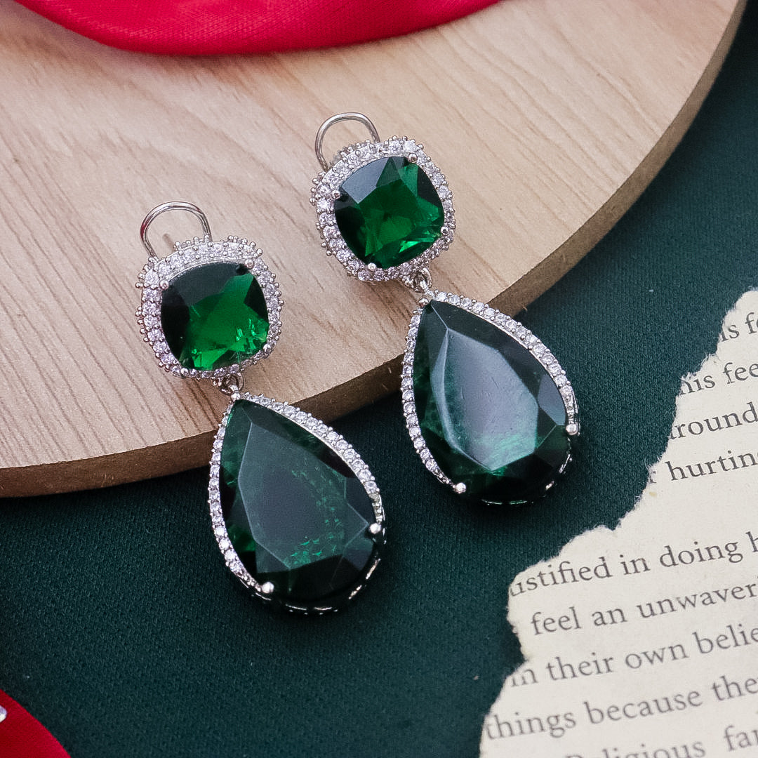 Emerald Uncut Stone Moissante Earrings