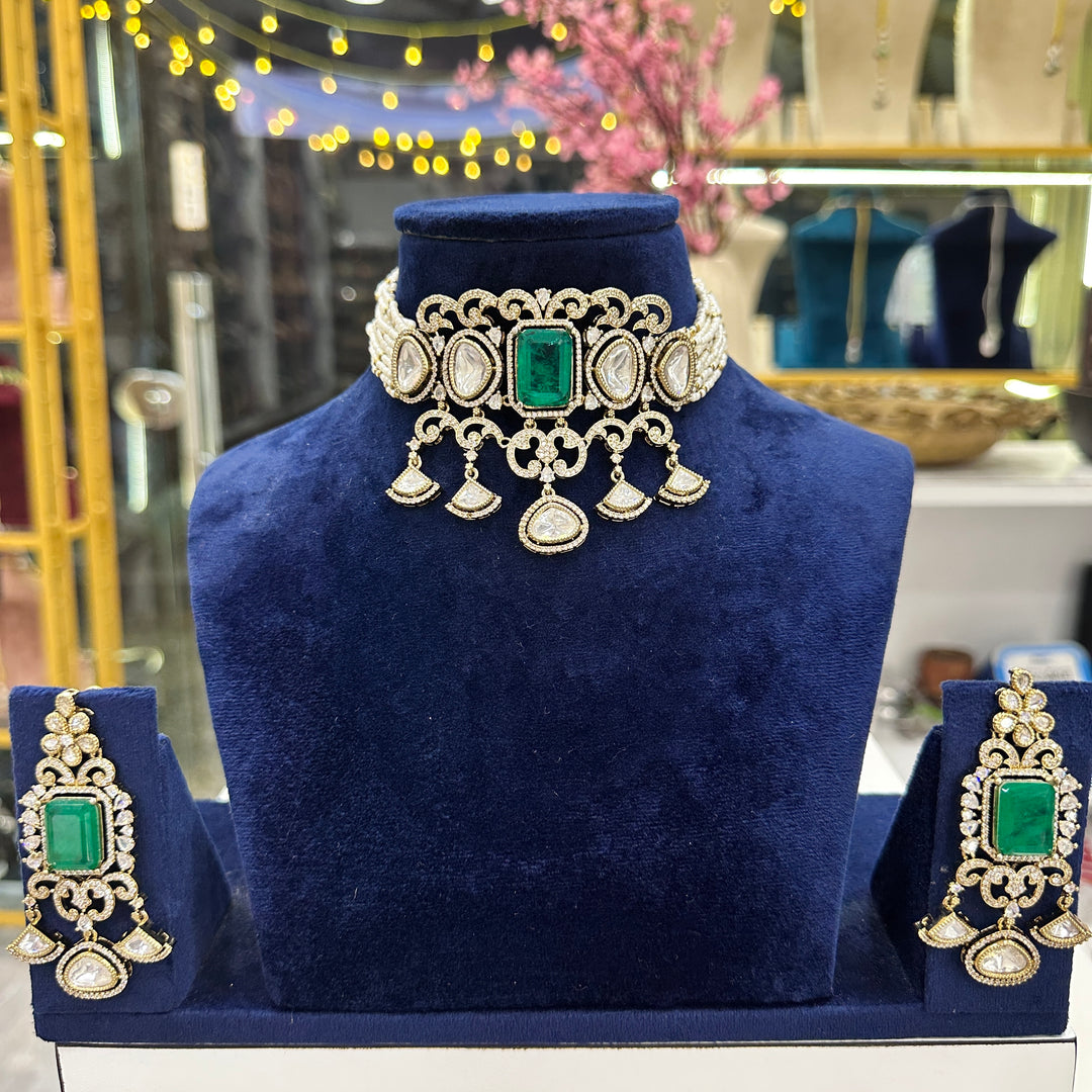 Shweta Moissianite Necklace With Earrings - Green