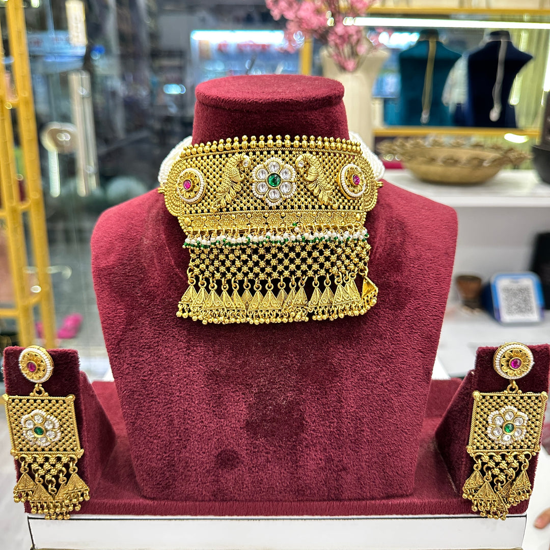 Sajna Premium High Gold Polish  Rajwadi Jhalar Necklace