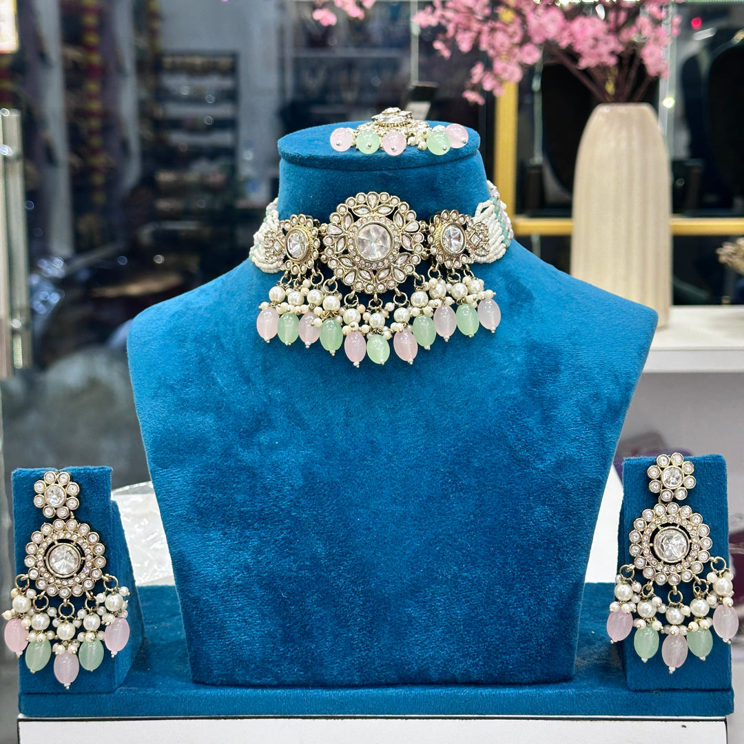 Rena Polki Choker With Earrings And Mangtika - Pink Mint
