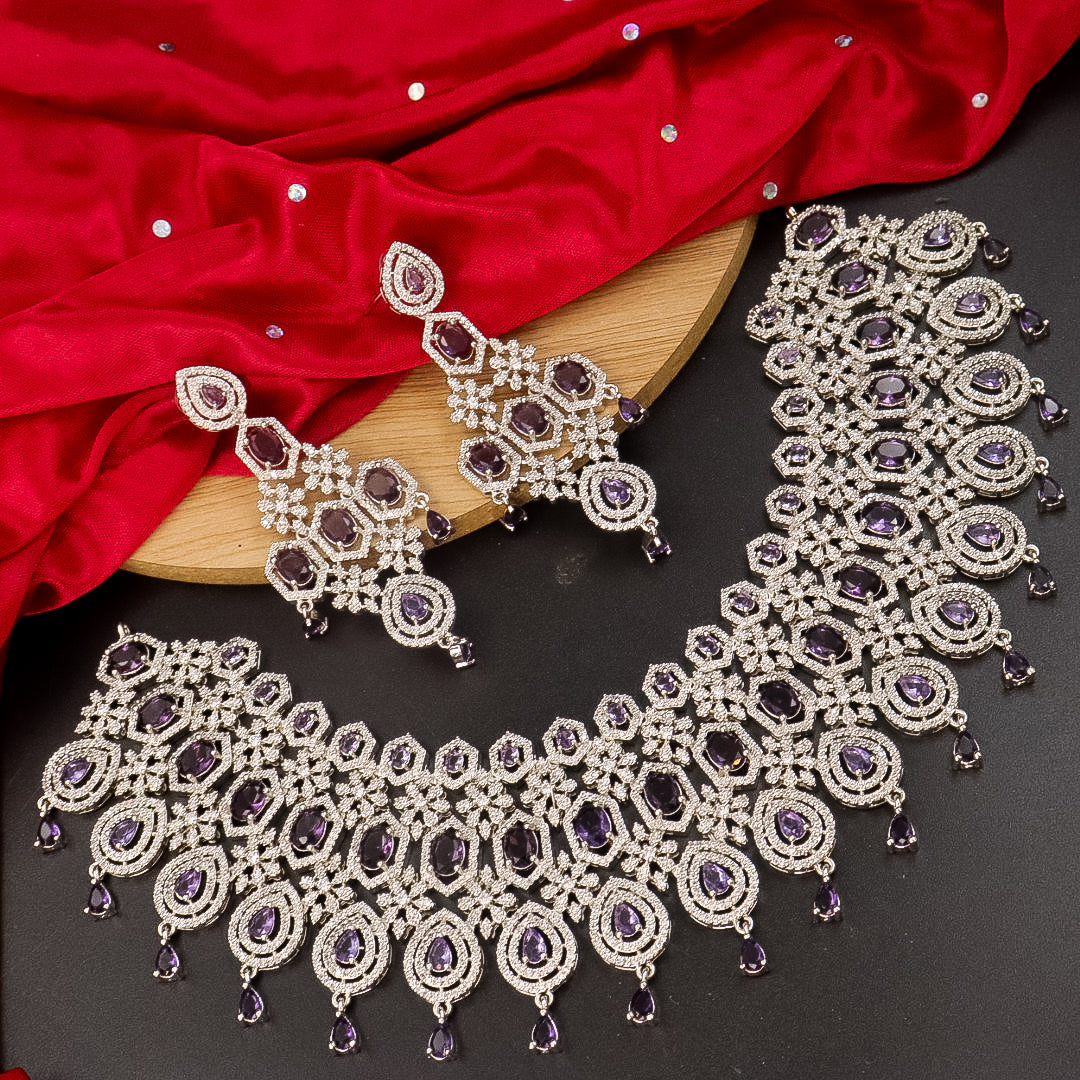 Statement Semi Bridal AD Choker -Purple