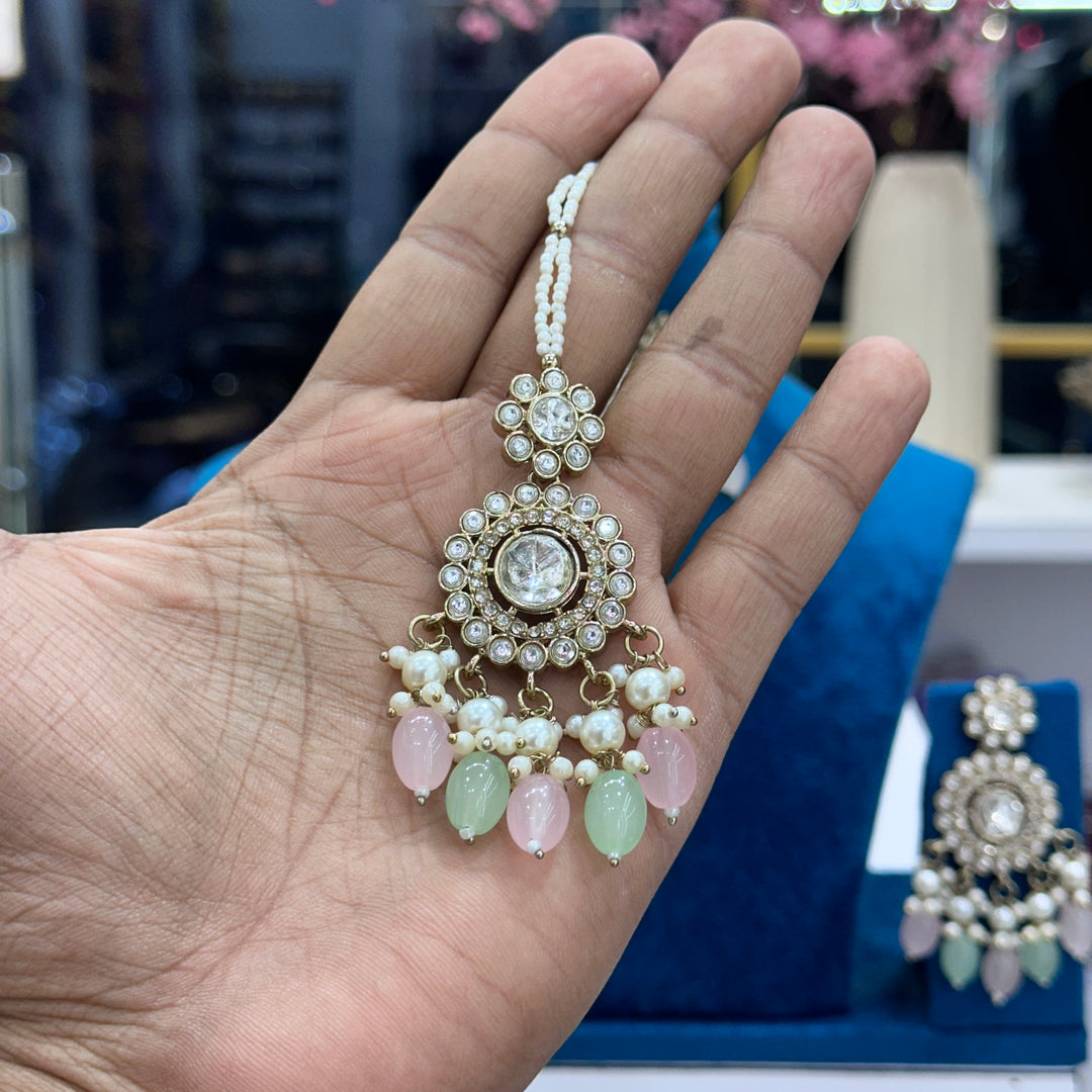 Rena Polki Choker With Earrings And Mangtika - Pink Mint