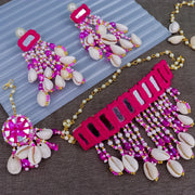 Handmade Cloth Shell Choker With Earrings + Maang Teeka + Hath Panja