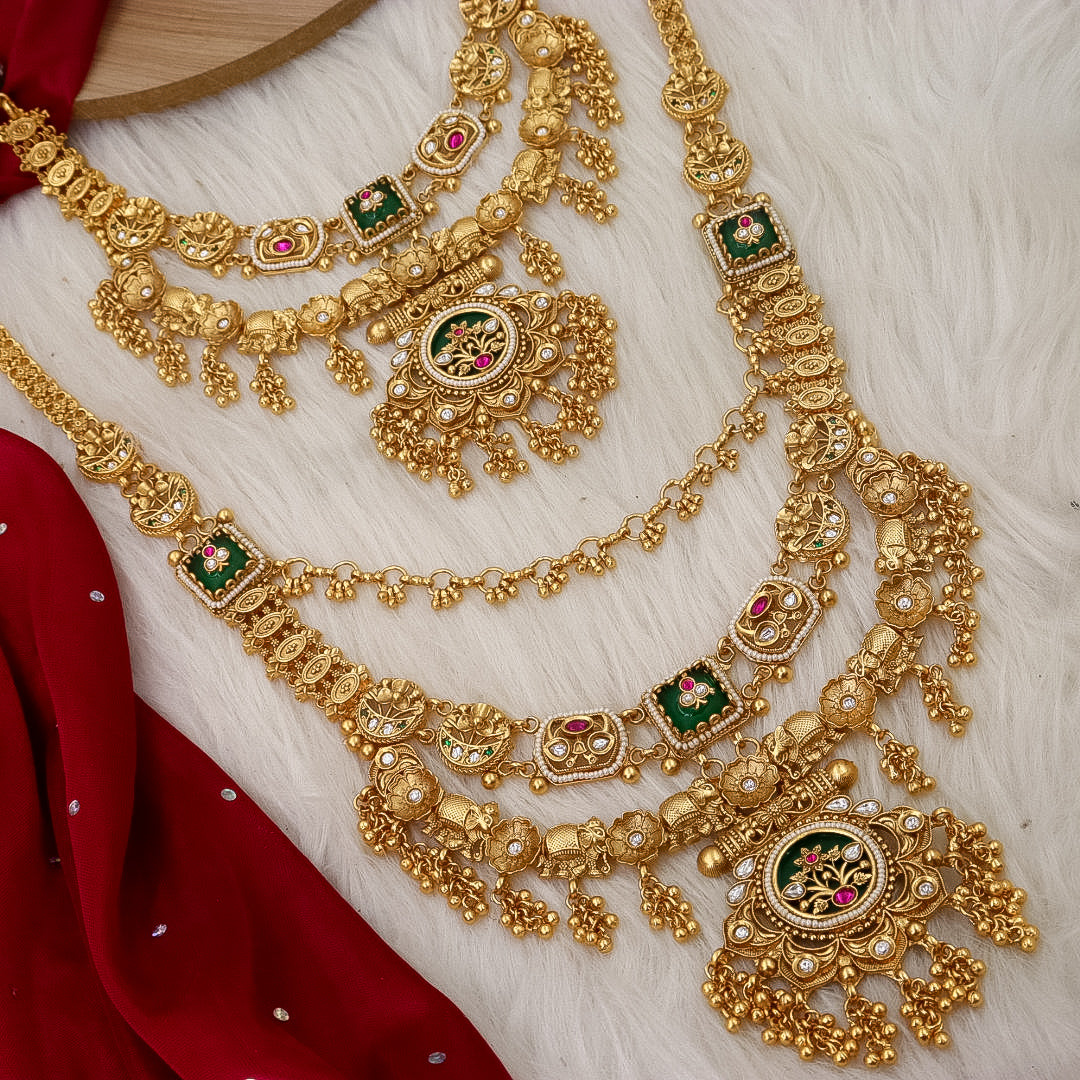 Full Premium Bridal Heritage Necklace With Long and Short + Earrings +Sheeshpati+ Hathpanja + Nath+ Bajuband