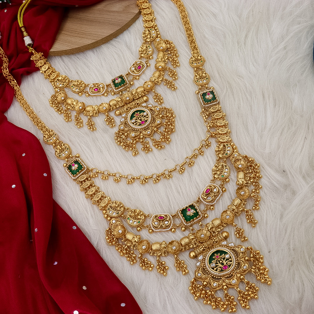 Full Premium Bridal Heritage Necklace With Long and Short + Earrings +Sheeshpati+ Hathpanja + Nath+ Bajuband