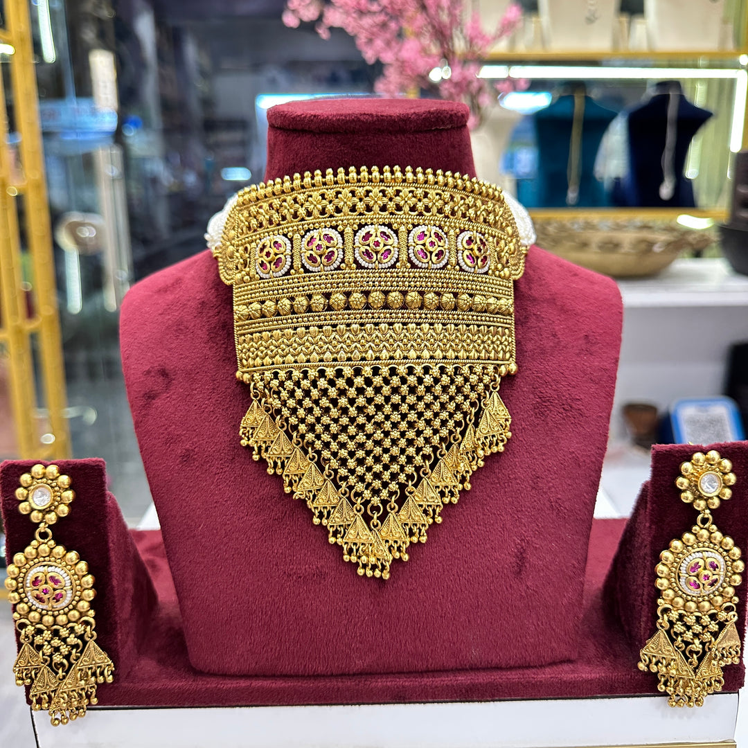 Minakshi Premium High Gold Polish Rajwadi Jhalar Necklace