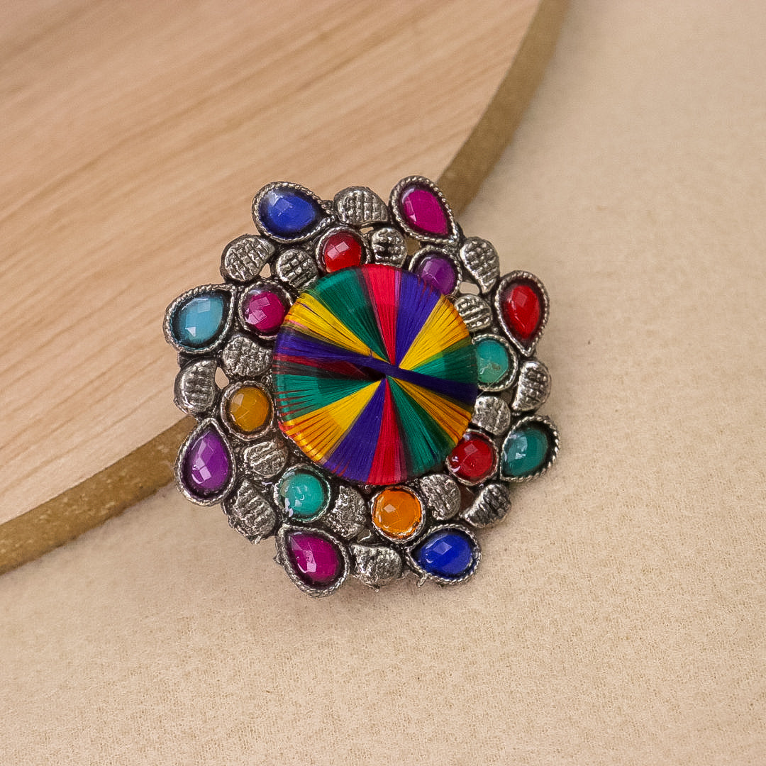 German Silver Multi Colour Adjustable Ring