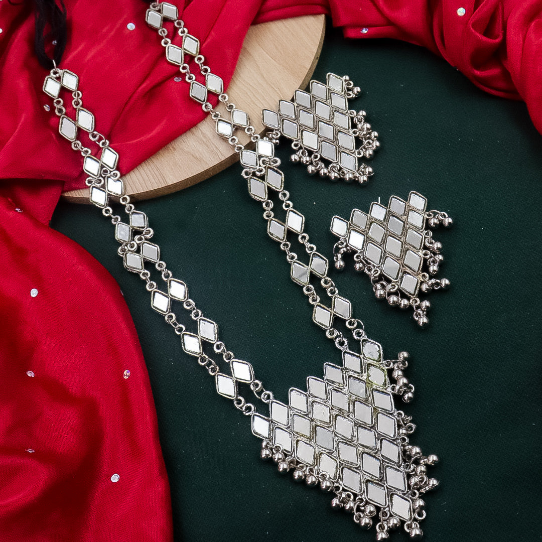 Mirror Long Necklace With Earrings