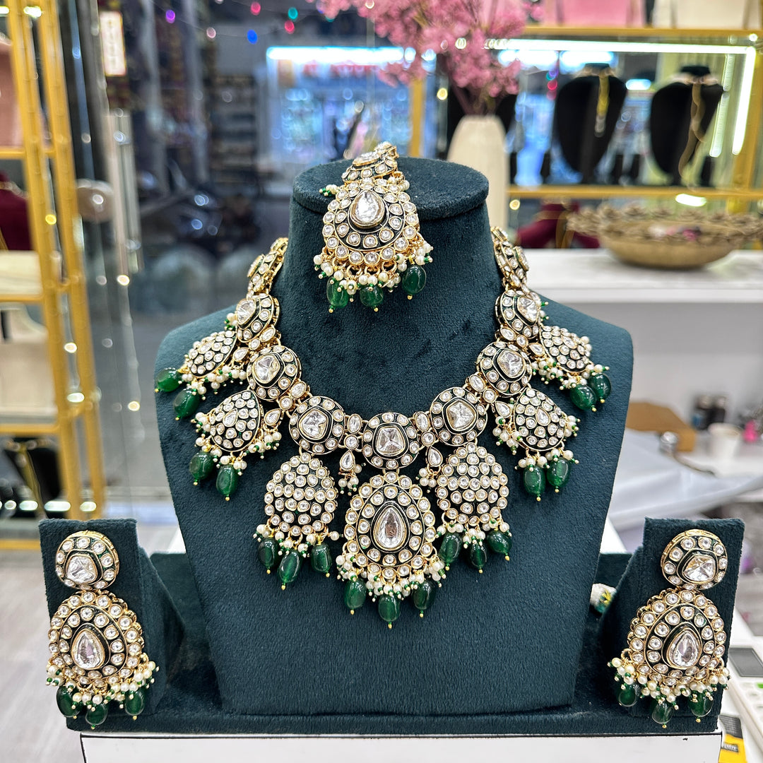 Renu Kundan Polki Semi Bridal Necklace - Green