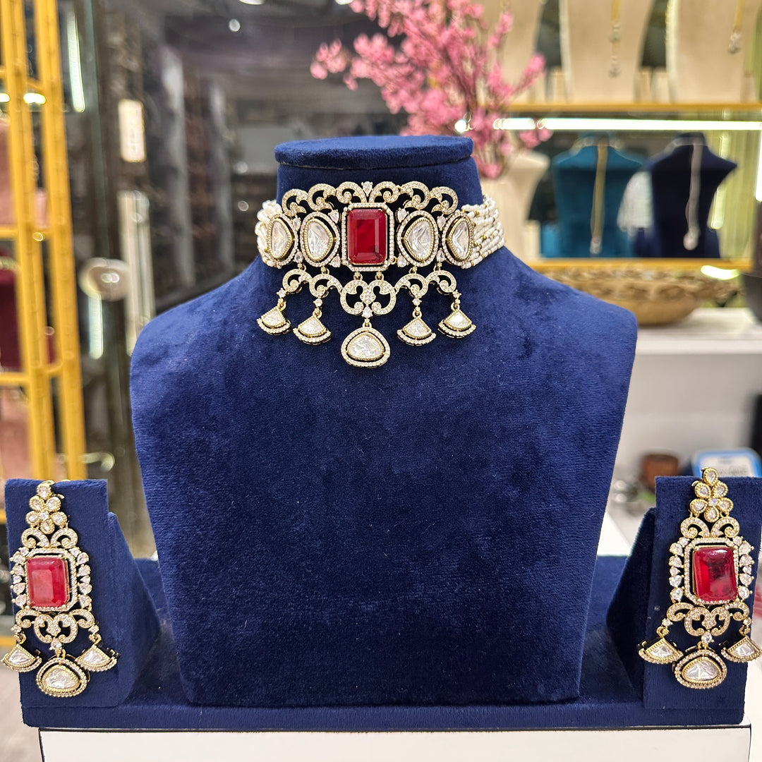 Shweta Moissianite Necklace With Earrings - Red