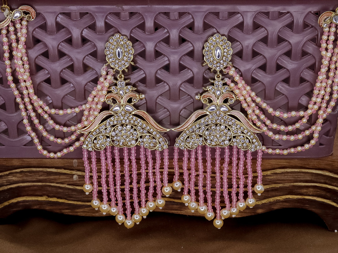 Amna Peacock Earrings With Kanchain - Baby Pink