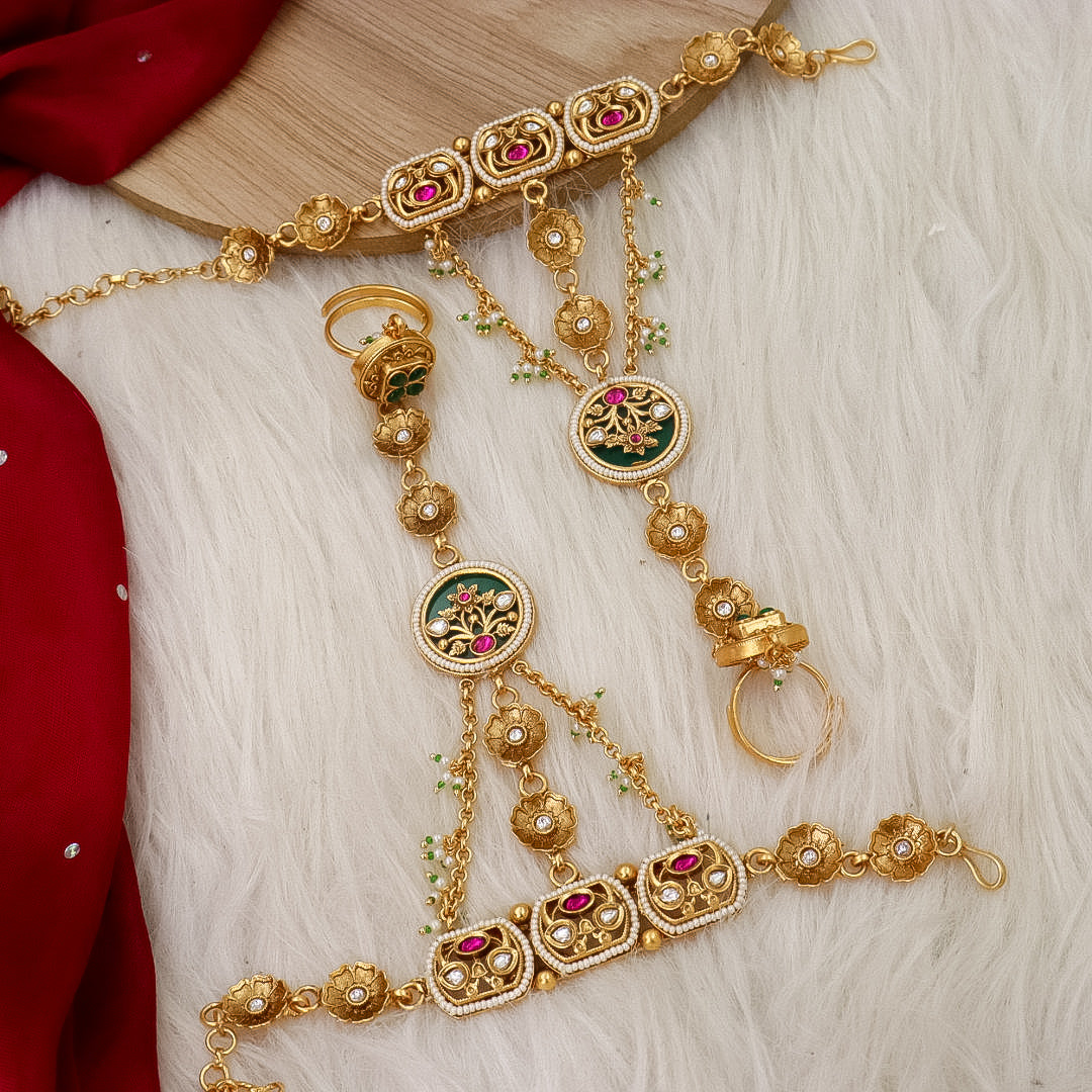 Full Premium Bridal Heritage Necklace With Long and Short + Earrings +Sheeshpati+ Hathpanja + Nath+ Bajuband