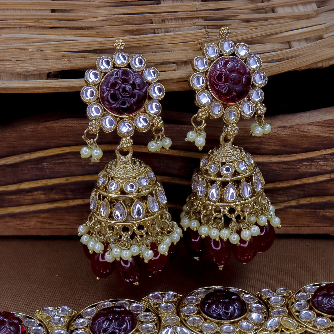 Suhila Kundan Set With Jhumka - Maroon