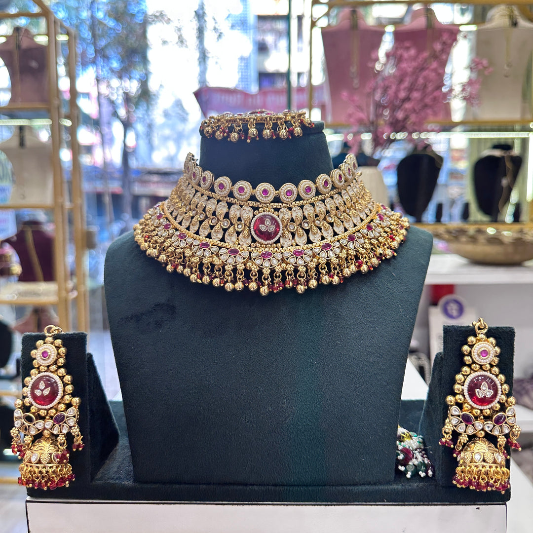 Natasha Semi bridal Rajwadi Necklace-Ruby