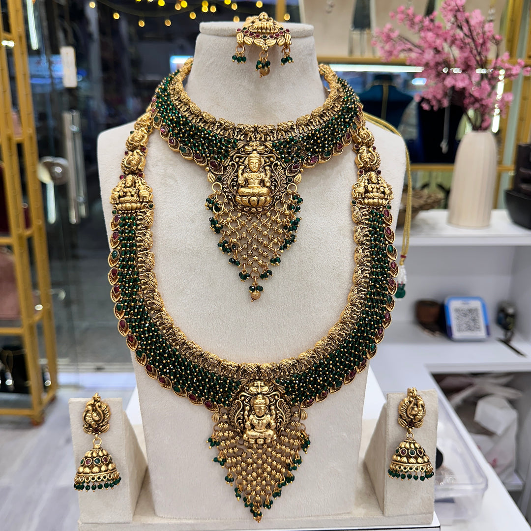 Full Bridal South Indian Set (2Necklace, Earrings, Maangteeka, Kamarpatta, 2 Bajubandh, Hair Choti)