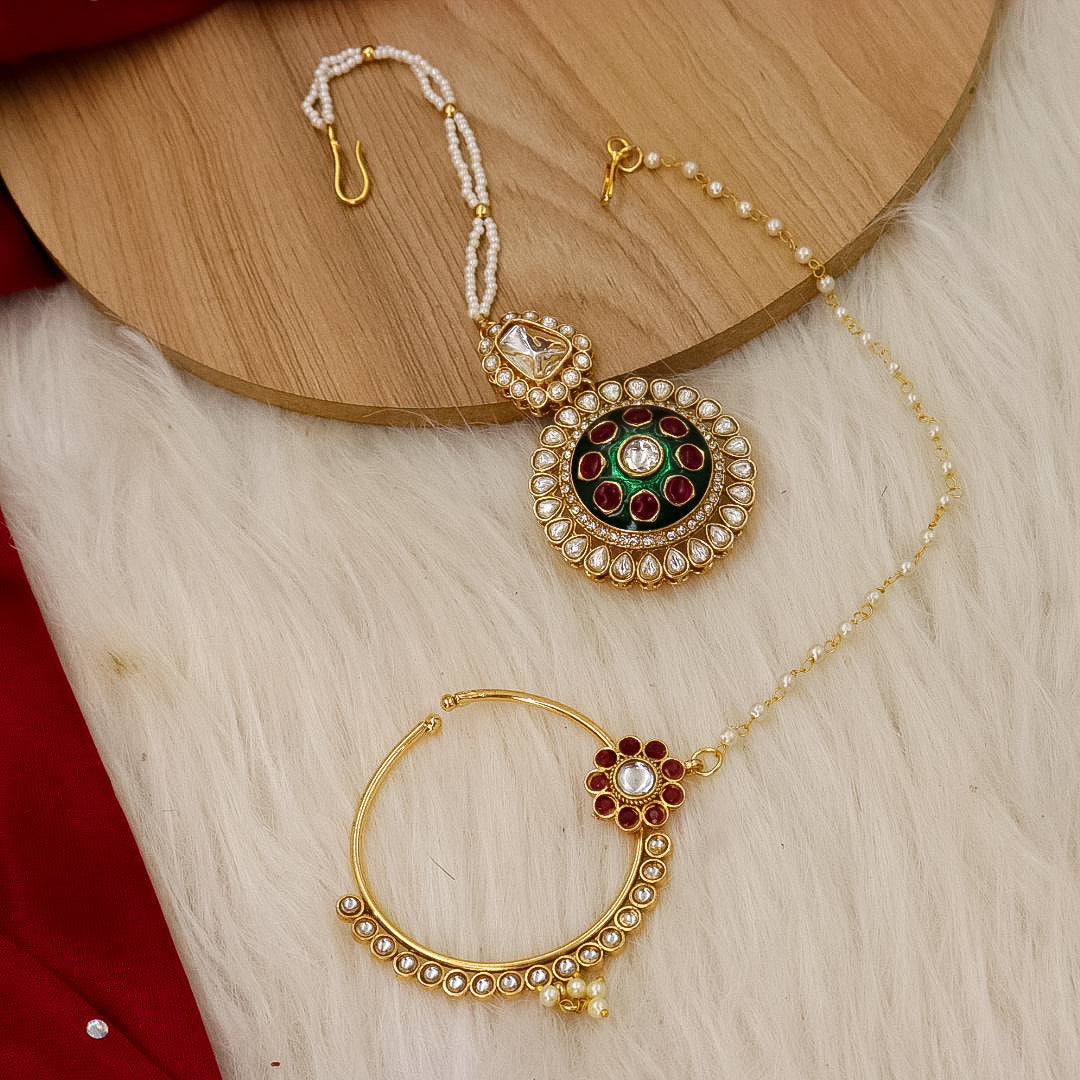 Polki Semi Bridal Set With Earrings + Mangtika +Nath+Hathpanja
