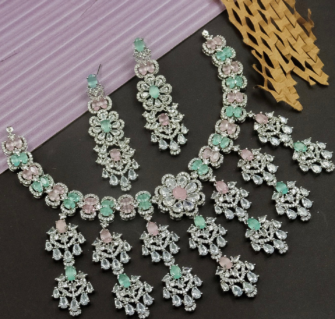 Gonina Statement AD Choker Set - Pink Mint