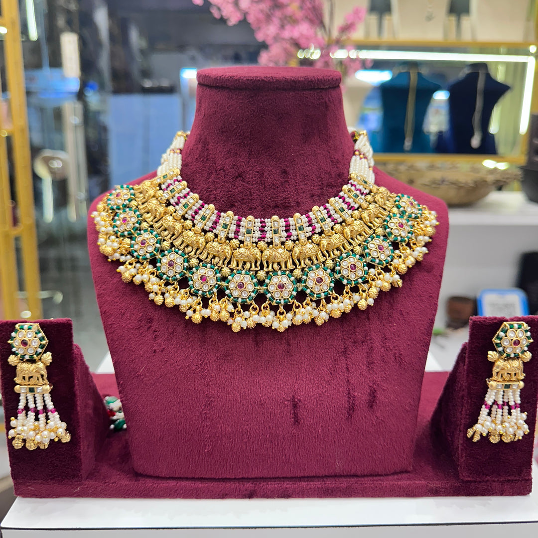 Premium High Gold Polish Elephant Rajwadi Necklace
