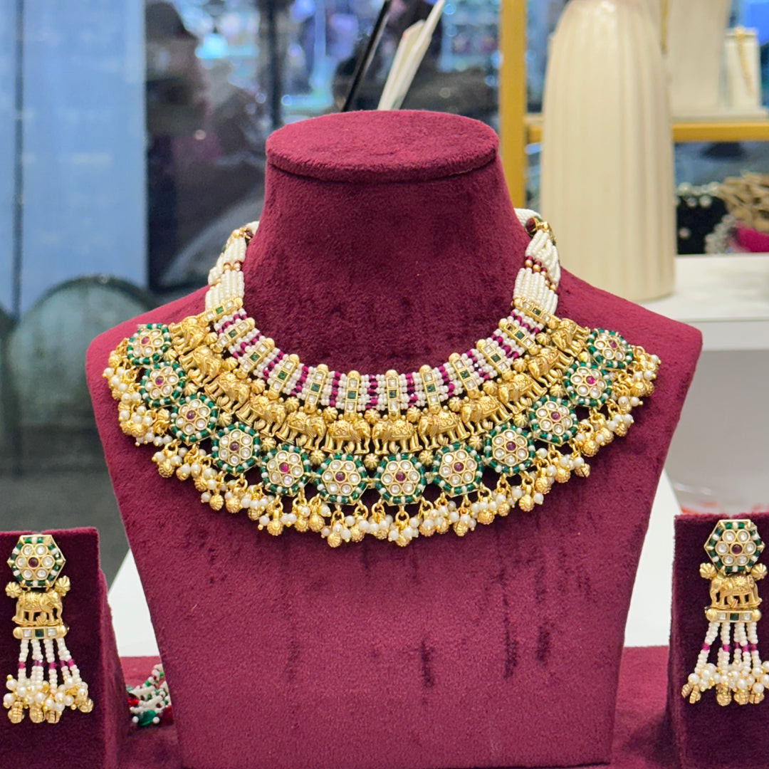 Premium High Gold Polish Elephant Rajwadi Necklace