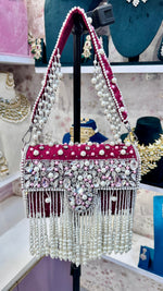 Load image into Gallery viewer, Designer Pearl  Crystal  Clutch - Red
